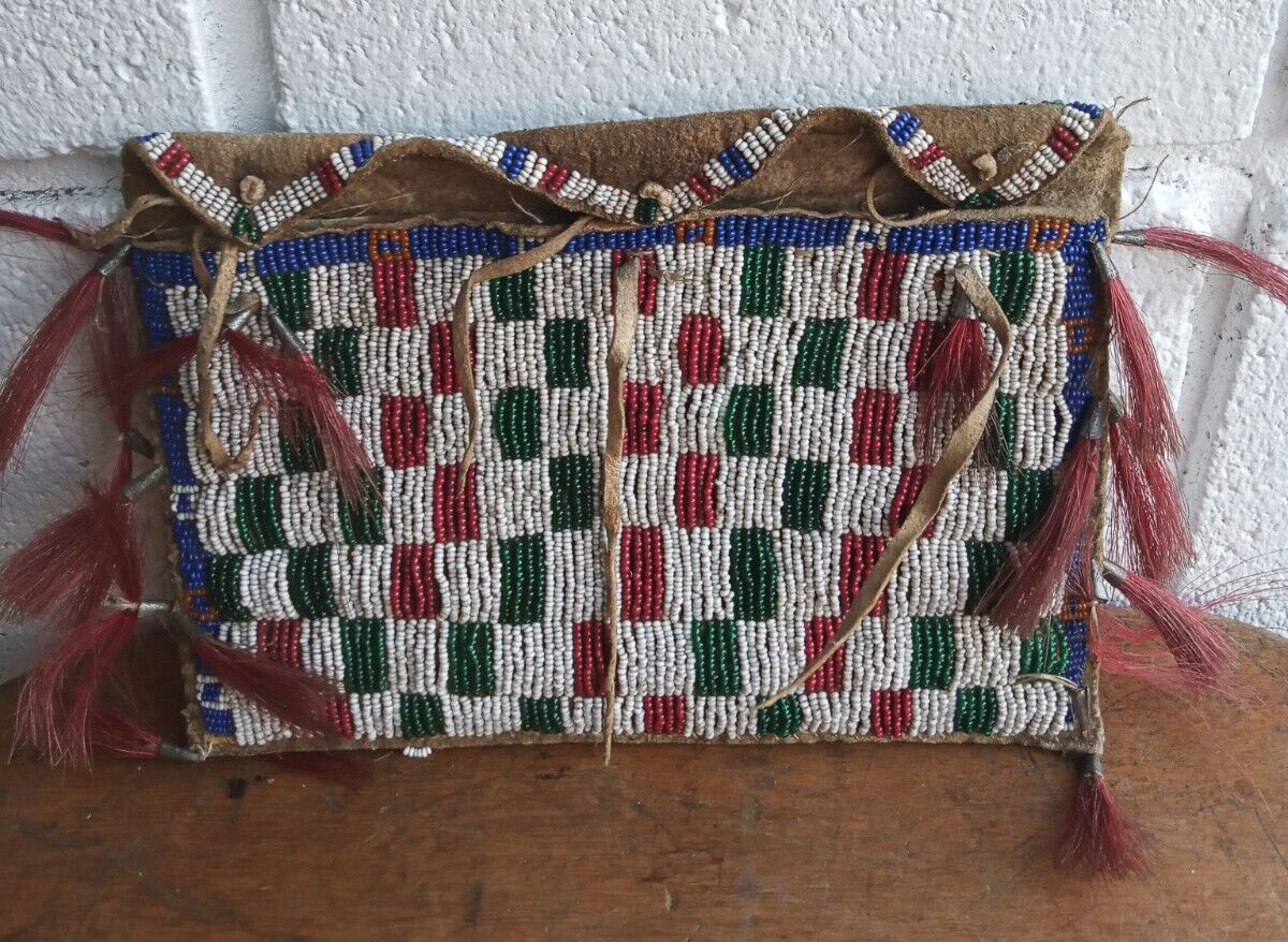 Antique 19th C Plains Dispatch bag case horsehair Beaded Native American