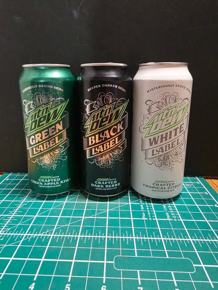 Complete Set of 3 Mountain MTN Dew Green White Black Label 16oz Cans