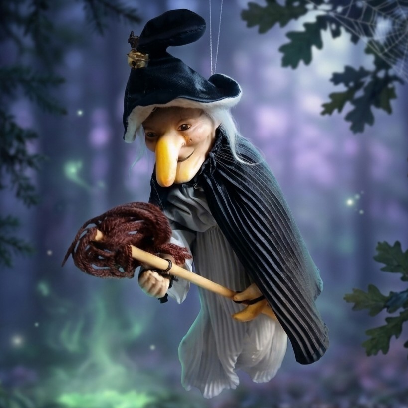 ​Vintage Halloween Witch Hanging Pleated Dress Black Cape Yarn Broom Folk Art