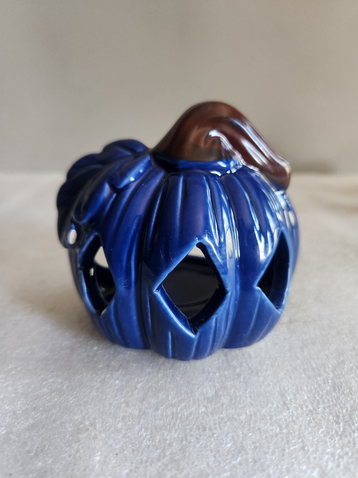 3 Ceramic Pumpkin-Shaped Candle Holders Plus 1 • Blue White Gray 3¼ T 3½” L