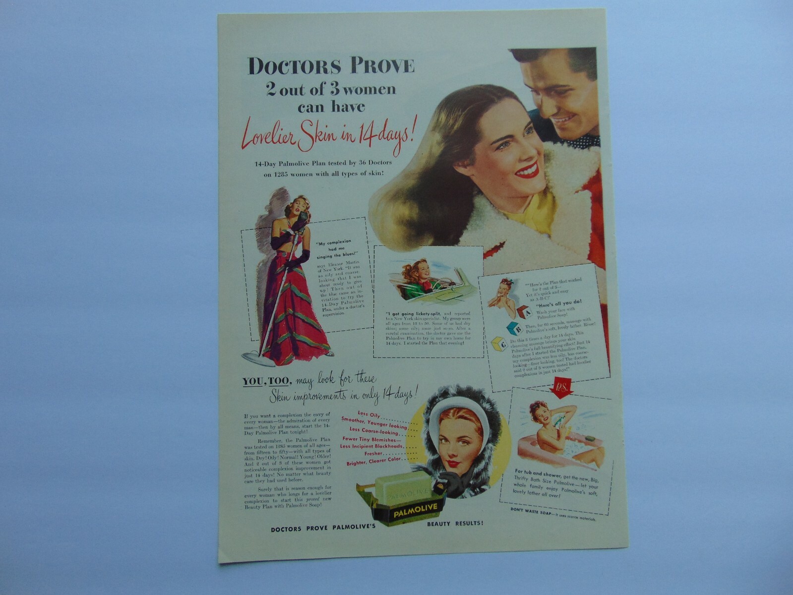 1946 PALMOLIVE BEAUTY SOAP Lovelier skin in 14 days vintage art print ad
