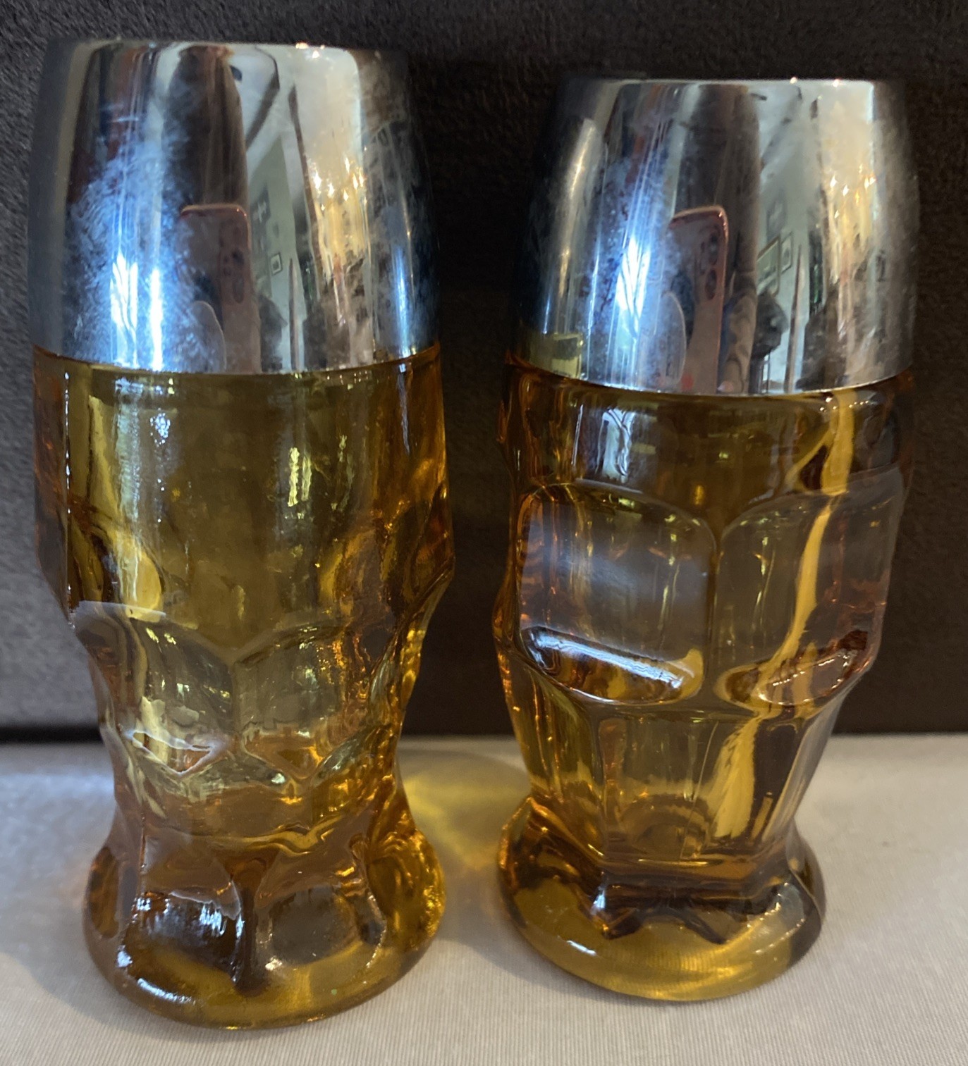 Vintage Anchor Hocking Amber Georgian Salt Pepper Shakers Honeycomb Set 4” Tall