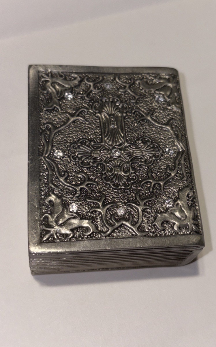 Silver Pewter Hinged Trinket Small Trinket Box Magnet Close Book Intricate Lid