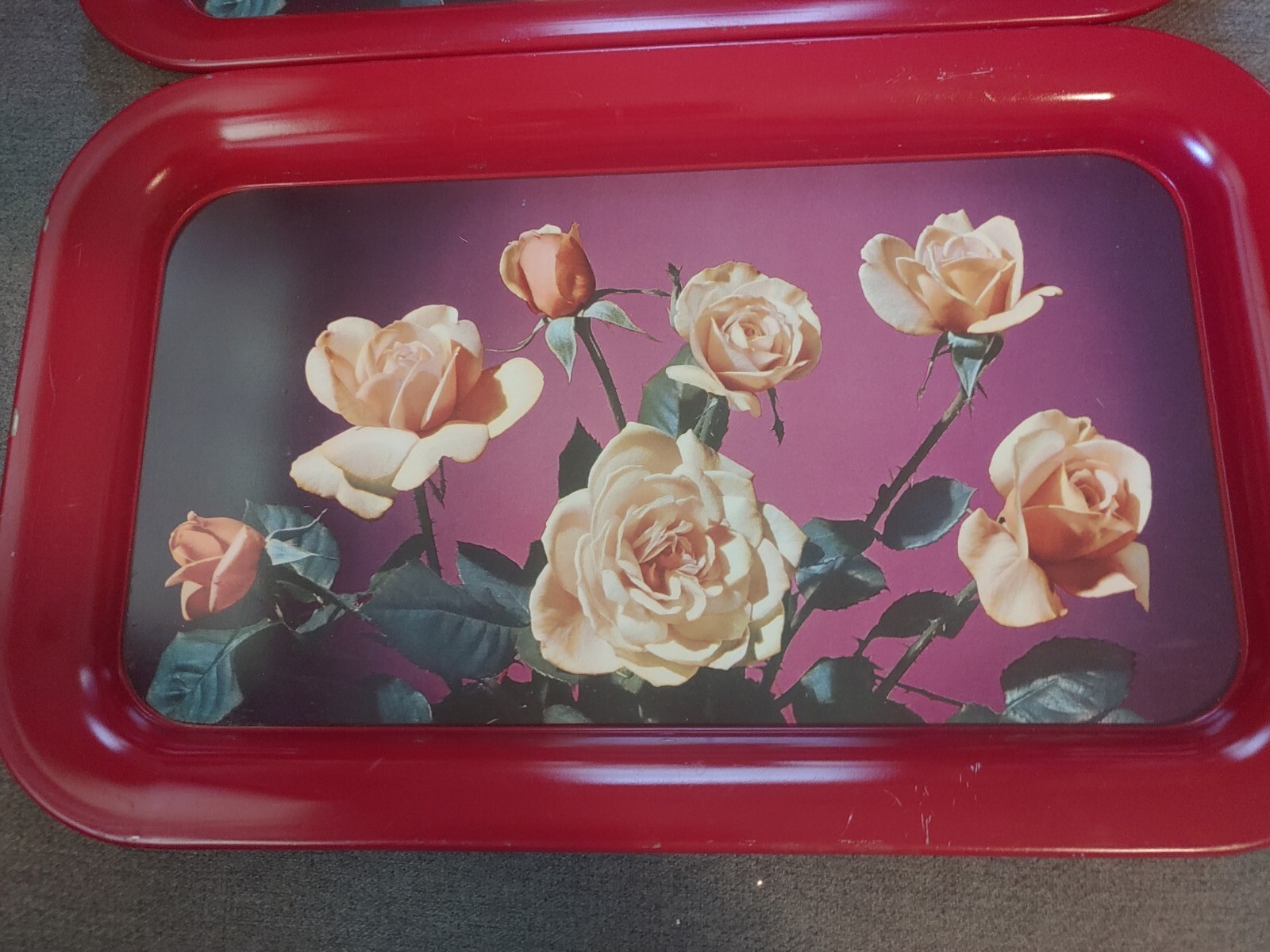 2 Red Metal Roses Serving Trays 14 X 9