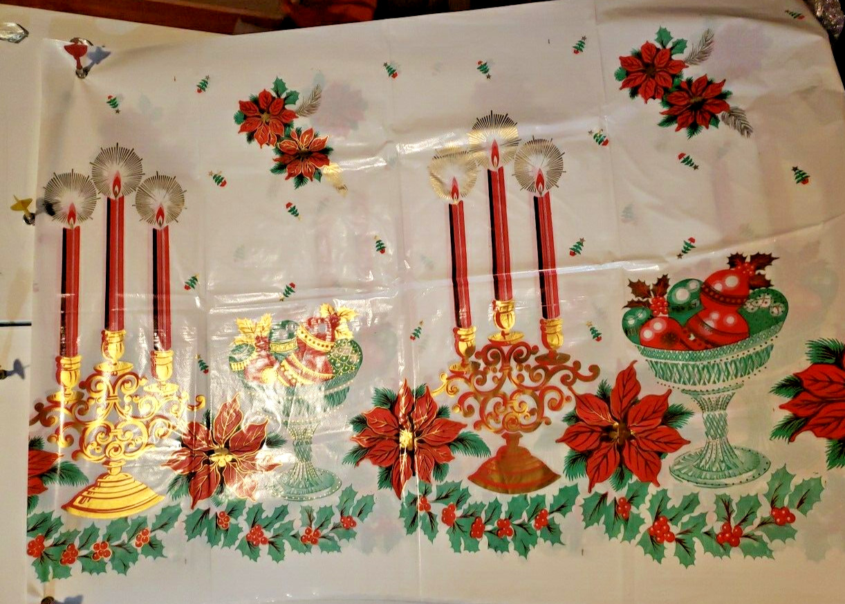 4 Vtg MCM Christmas Plastic Tablecloth Candelabra Starburst Ornaments Gold Red