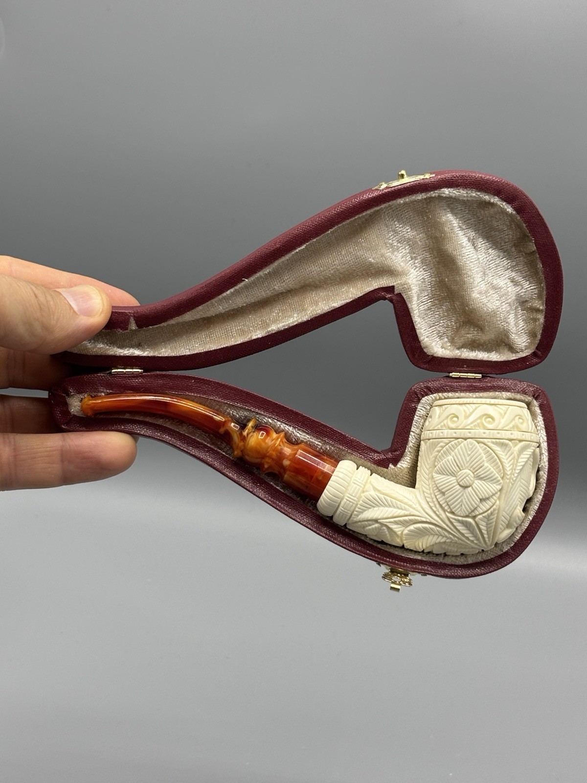 Dolphin Embossed Ornate Bent Pipe By EGE block Meerschaum New Case#227
