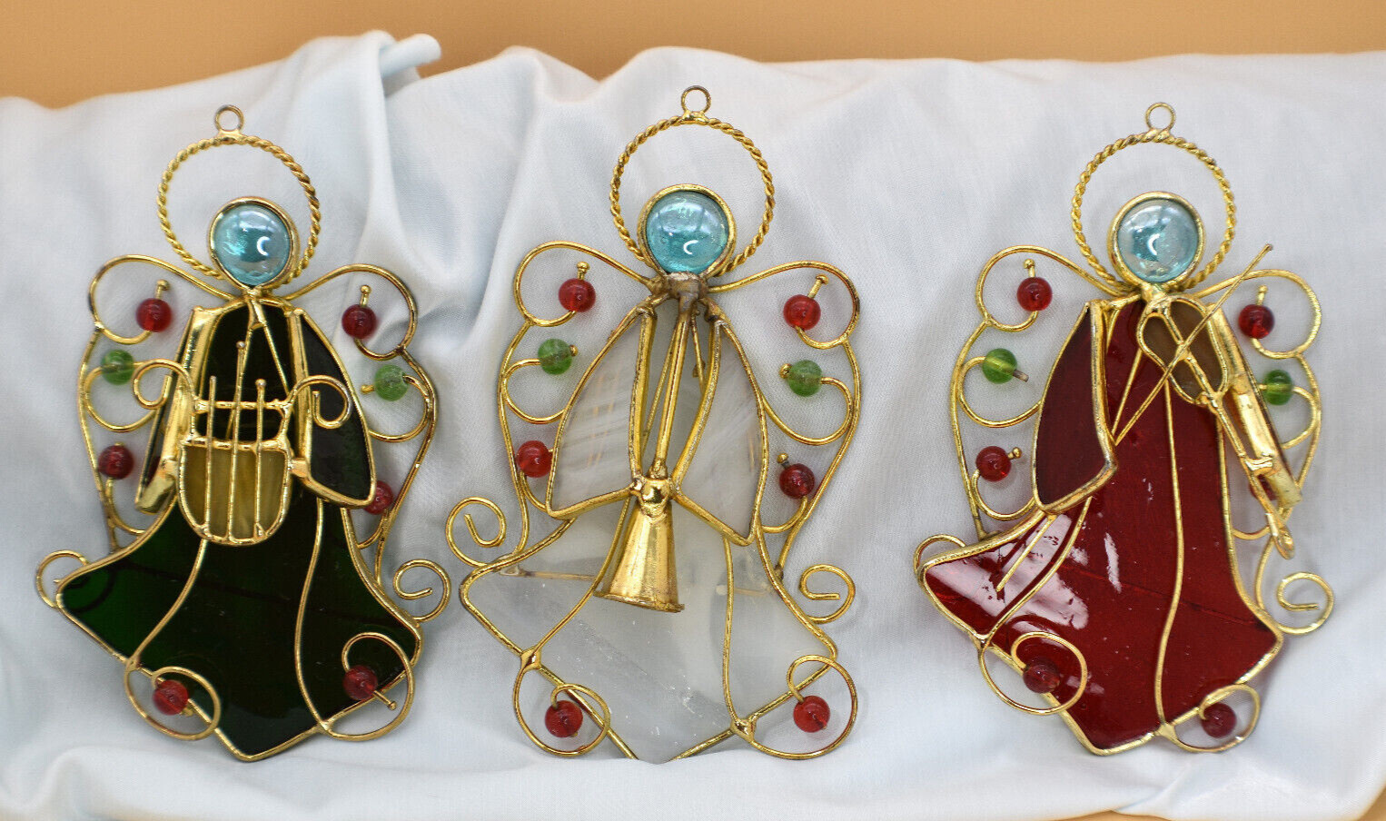 3 Stained Glass Christmas Angel Ornaments/Suncatchers Violin, Harp, Horn 6″ Tall