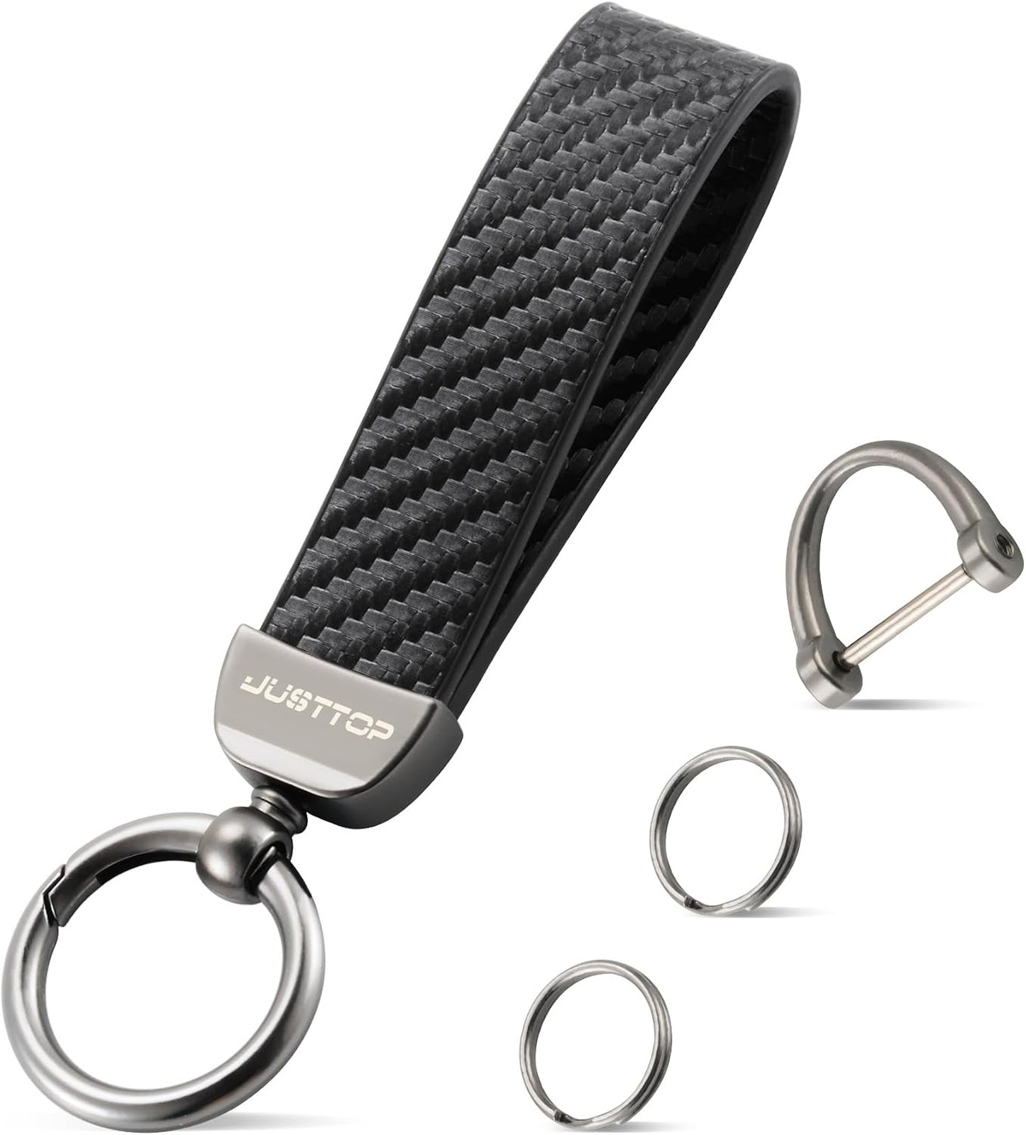 Leather Keychain with Carbon Fiber Style, Anti-Lost D-Ring and Double Key Rings