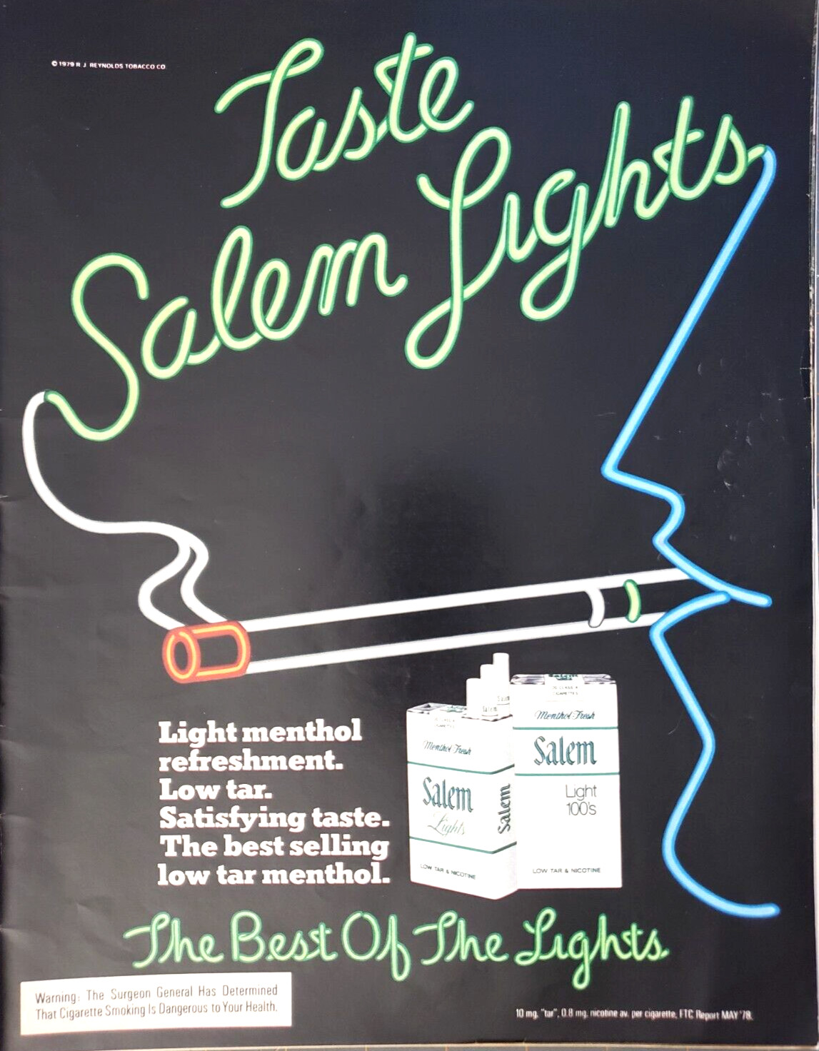 PRINT AD Salem Cigarettes 1979 10×13 Menthols Neon Lights R J Reynolds