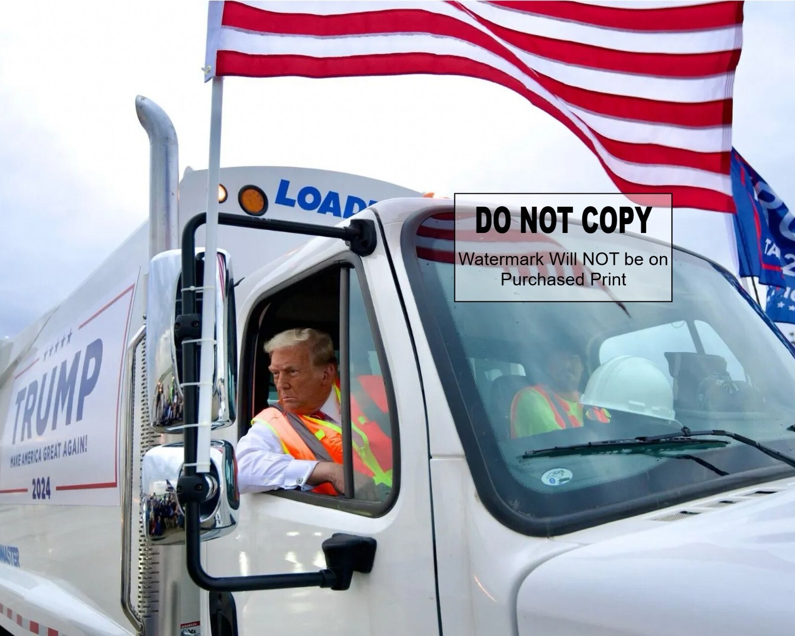 Donald Trump in Trash Truck – Garbage Truck – Fist Up MAGA – 8X10 PHOTO (#1060)