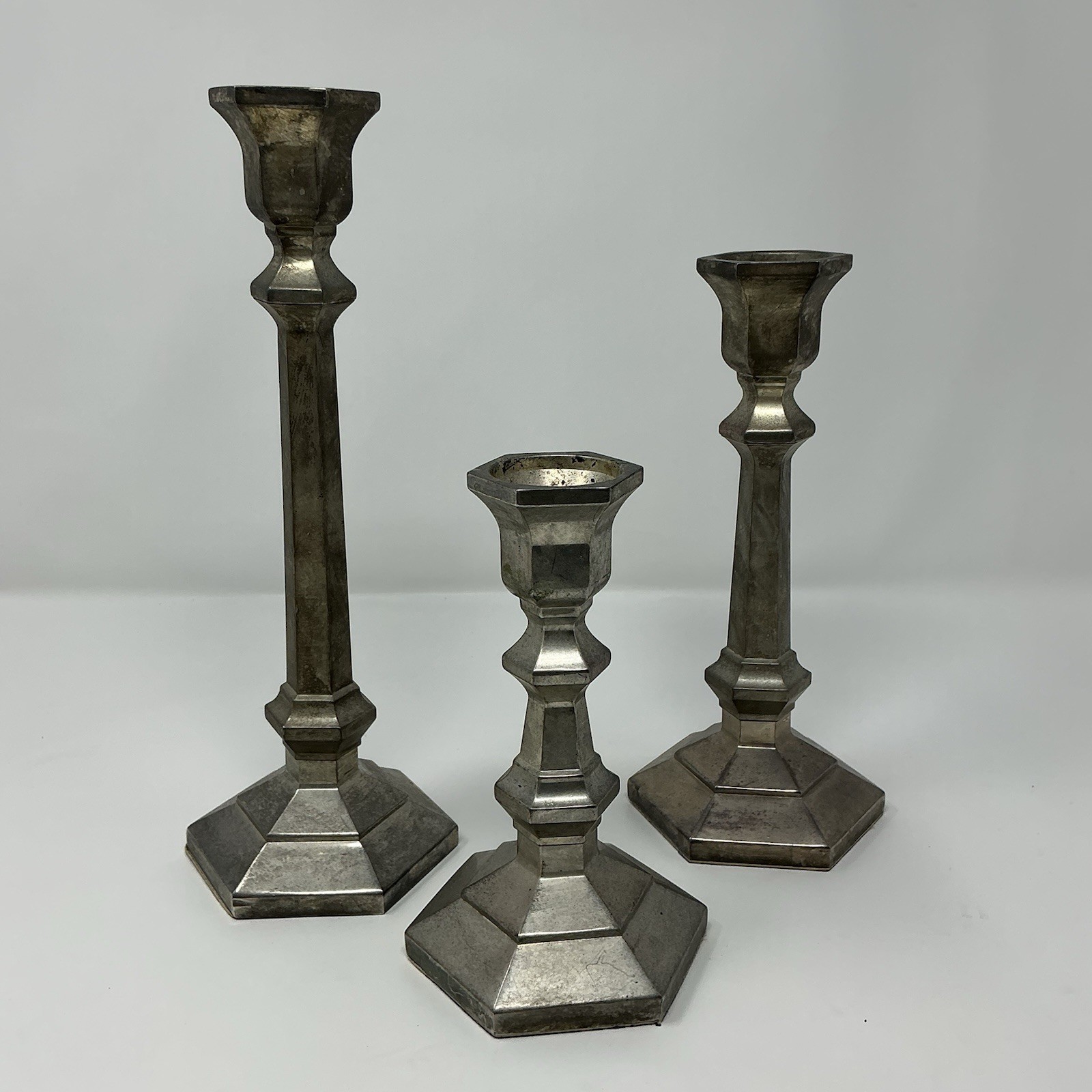 Geometric Silver EP Candlesticks Set Of 3 Modern Hollywood Regency Zinc Alloy