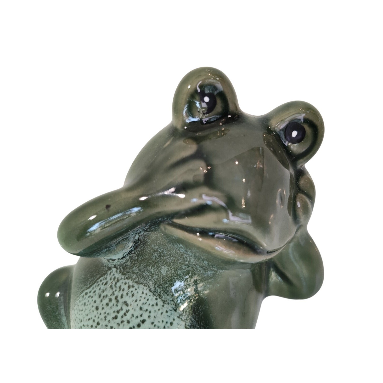 Frog Figurine Chillin Reclining Worrying Perplexed Green Thinking Glazed Ceramic