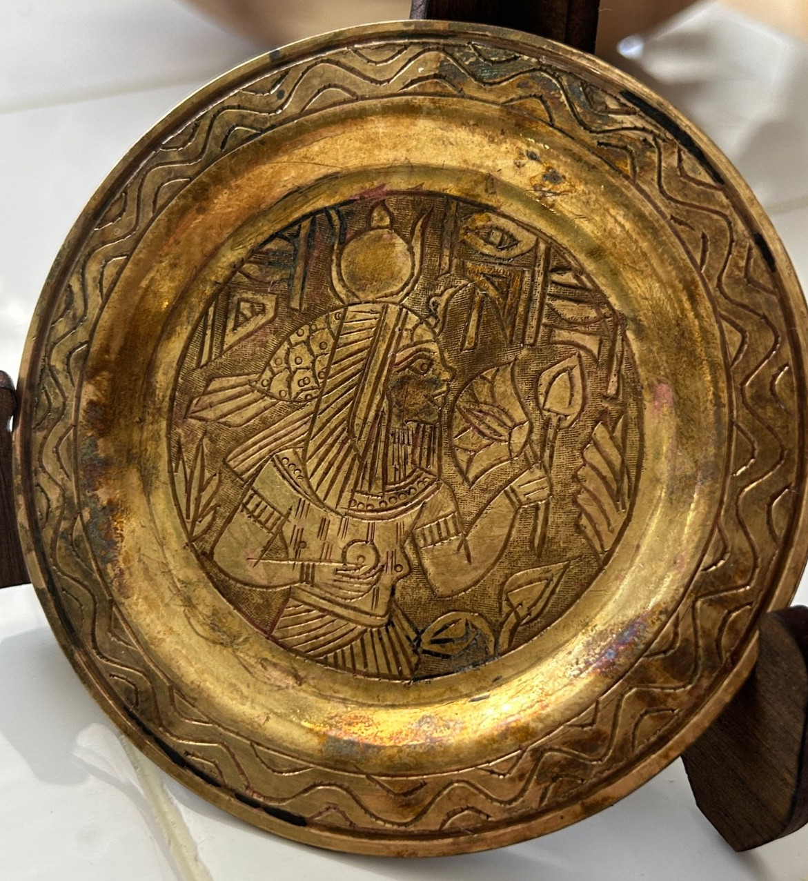 Solid Brass VTG Egyptian Pharaoh Engraved Plates Coasters 4” SET Of 4