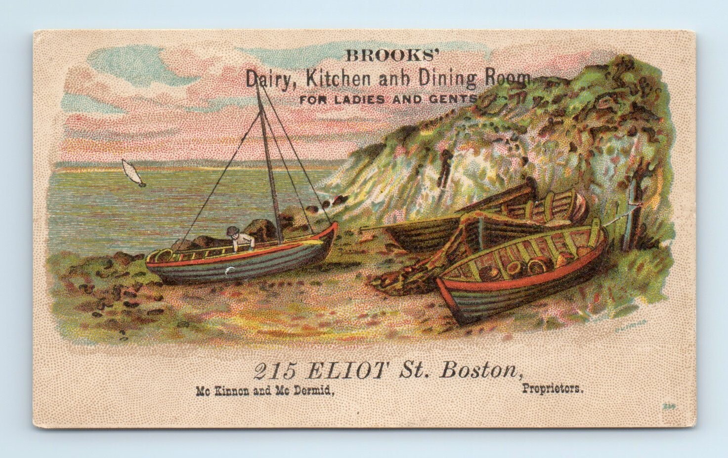 Brooks Dairy Kitchen Dining Room Restaurant Trade Card VTG Boston Ships Fishing