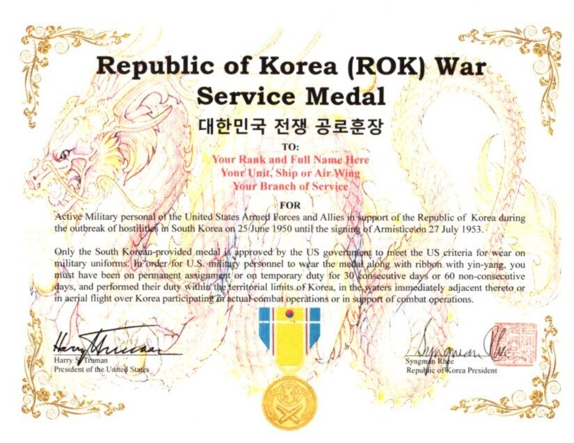 Republic of Korea Korean War Service MEDAL Certificate Army Navy USAF USMC USCG