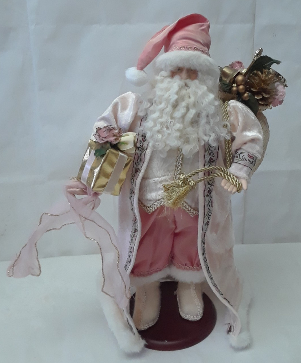 Pastel Pink Standing Santa Claus Figurine with Gifts and Christmas Sack 16.5 in