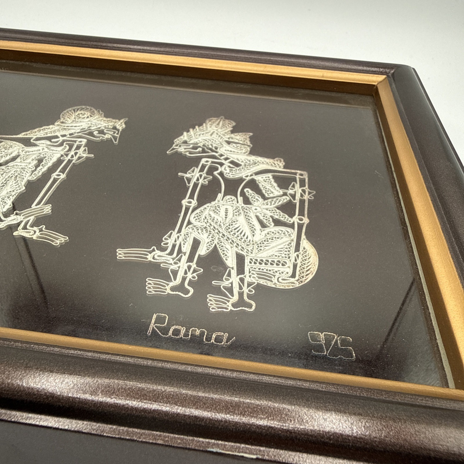Wayang Kulit Wall Art Framed Indonesian Bali 925 Silver Filigree Shadow Puppet