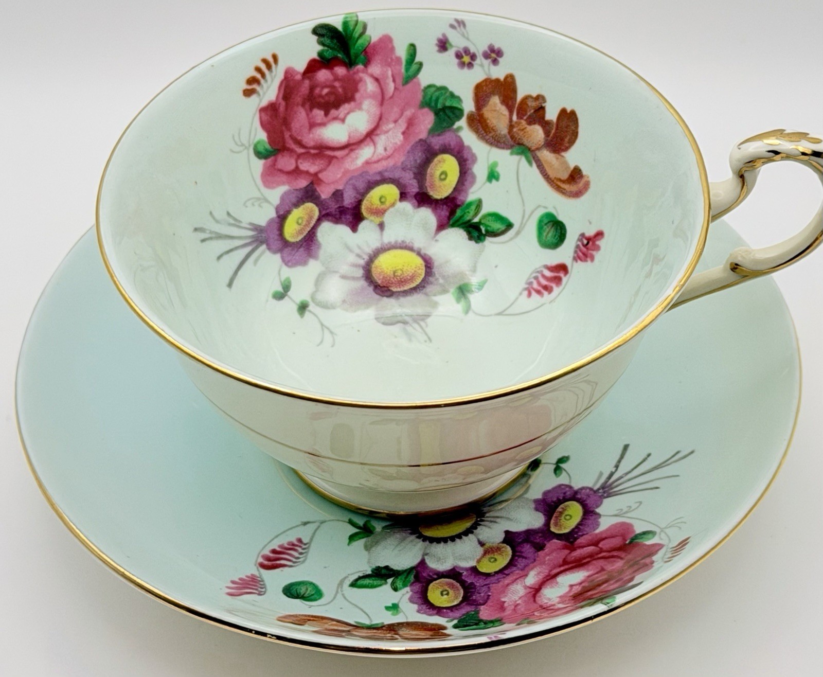 Vintage Paragon England Teal Blue Rose Floral Bouquet Cup & Saucer; Teacup