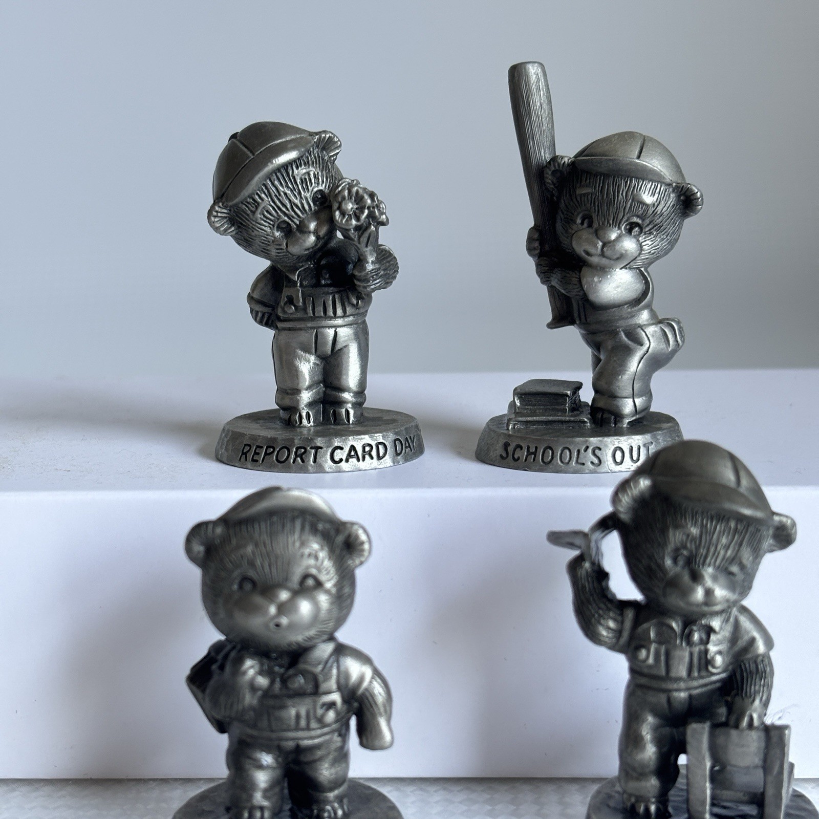 Vintage Avon RJ Pewter Teddy Bear School Days Figurines Set of 4 1983-1984