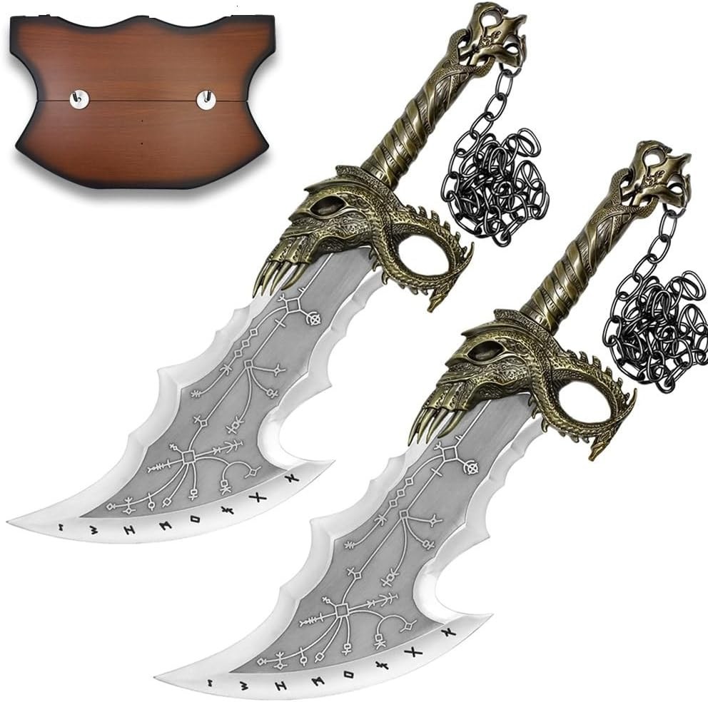 God of War Twin Blades of Chaos, 21″ Bronze Metal Sword Set with Display Plaque