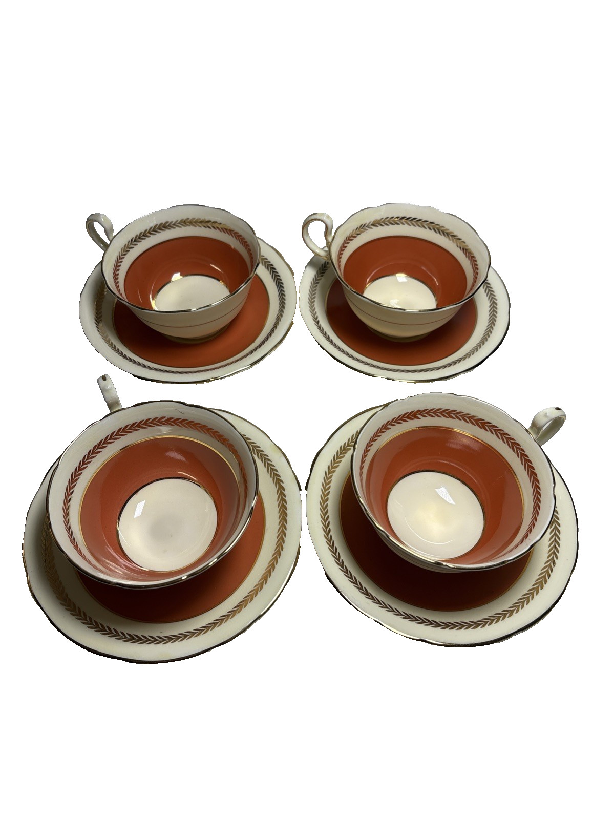 4 Vintage Aynsley Bone China Tea Cup & Saucer Coral Gold Laurels Scalloped Edge
