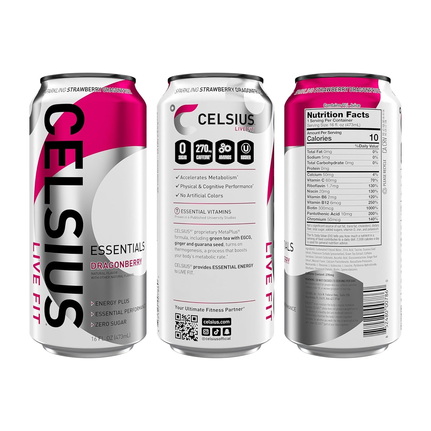 CELSIUS ESSENTIALS Sparkling Dragonberry, Sugar Free 16 Fl Oz (Pack of 12)