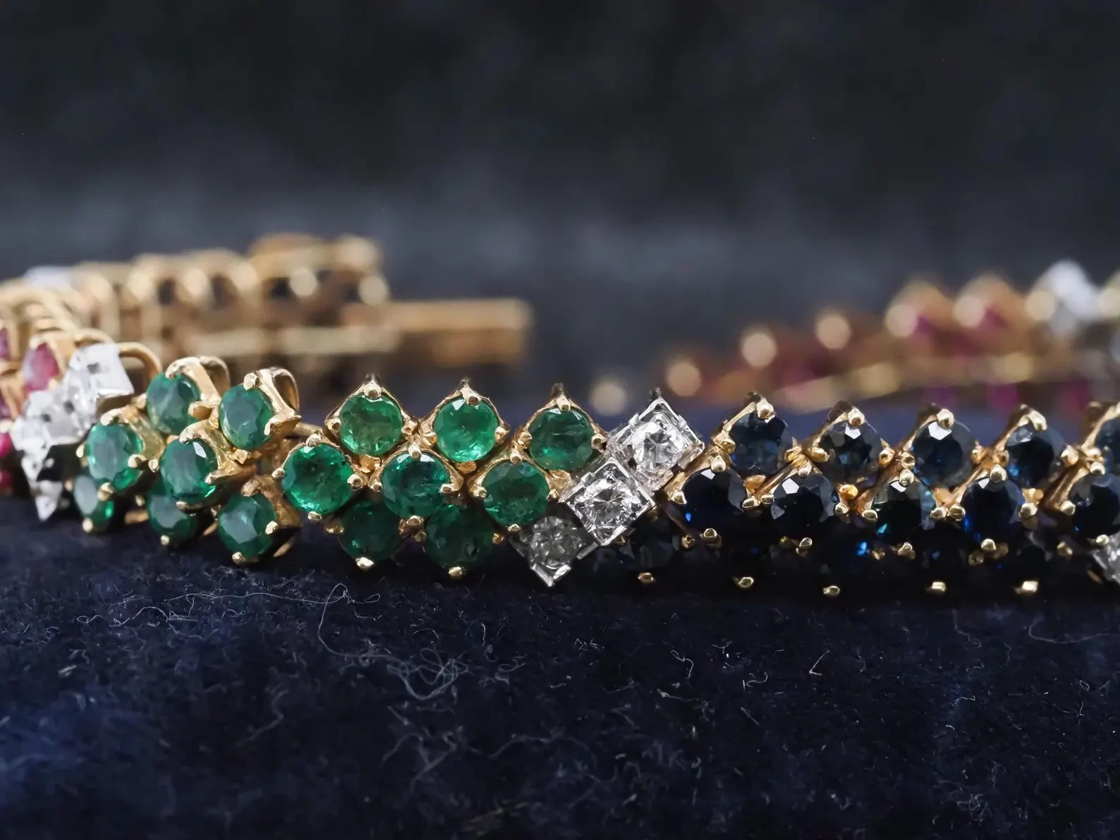 Estate Ruby,Emerald,Sapphire & Diamond 18K Yellow Gold Over Tennis Bracelet 7″