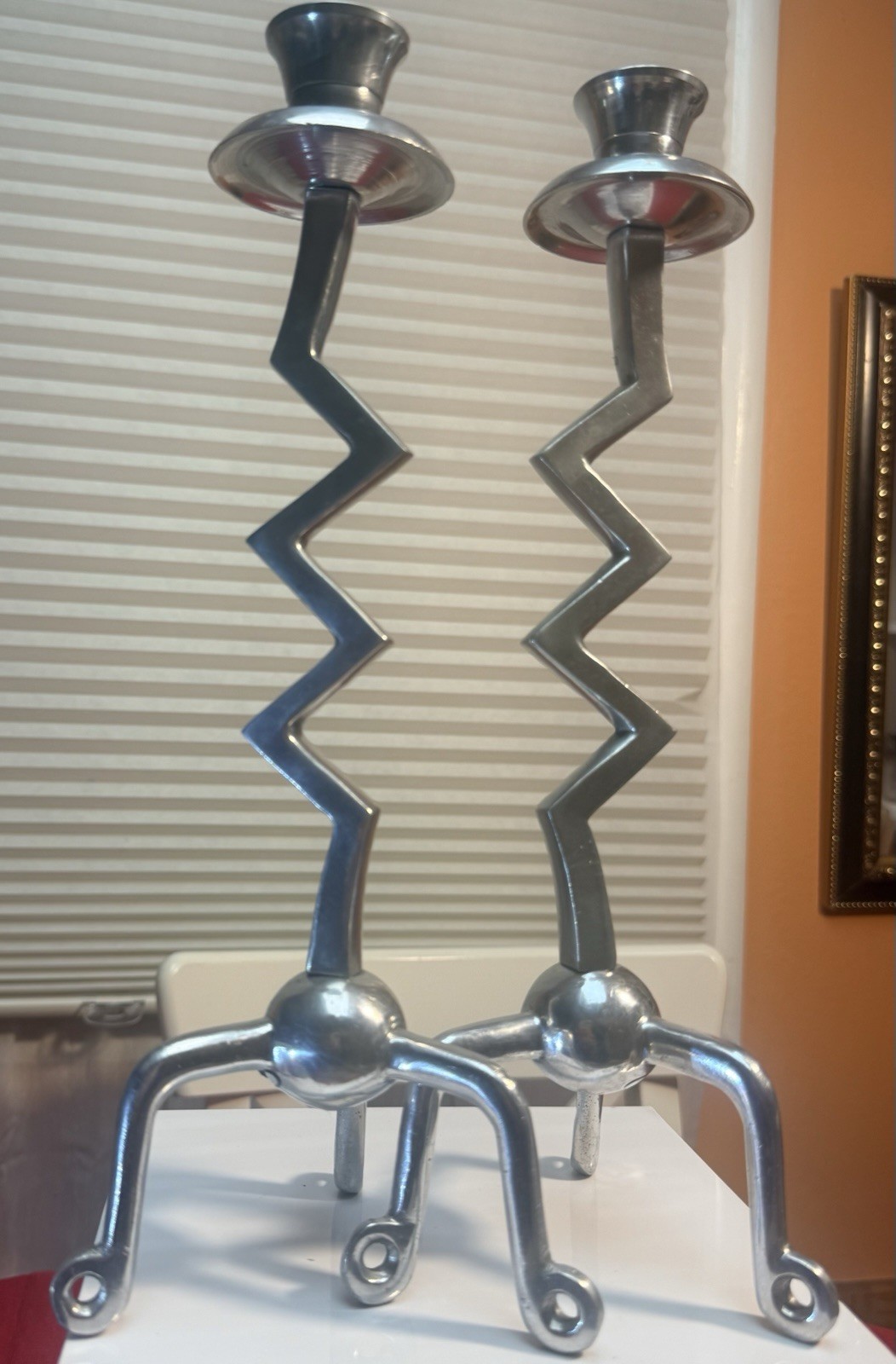 Aluminum Post modern Set of Zigzag Candleholders in silver tone
