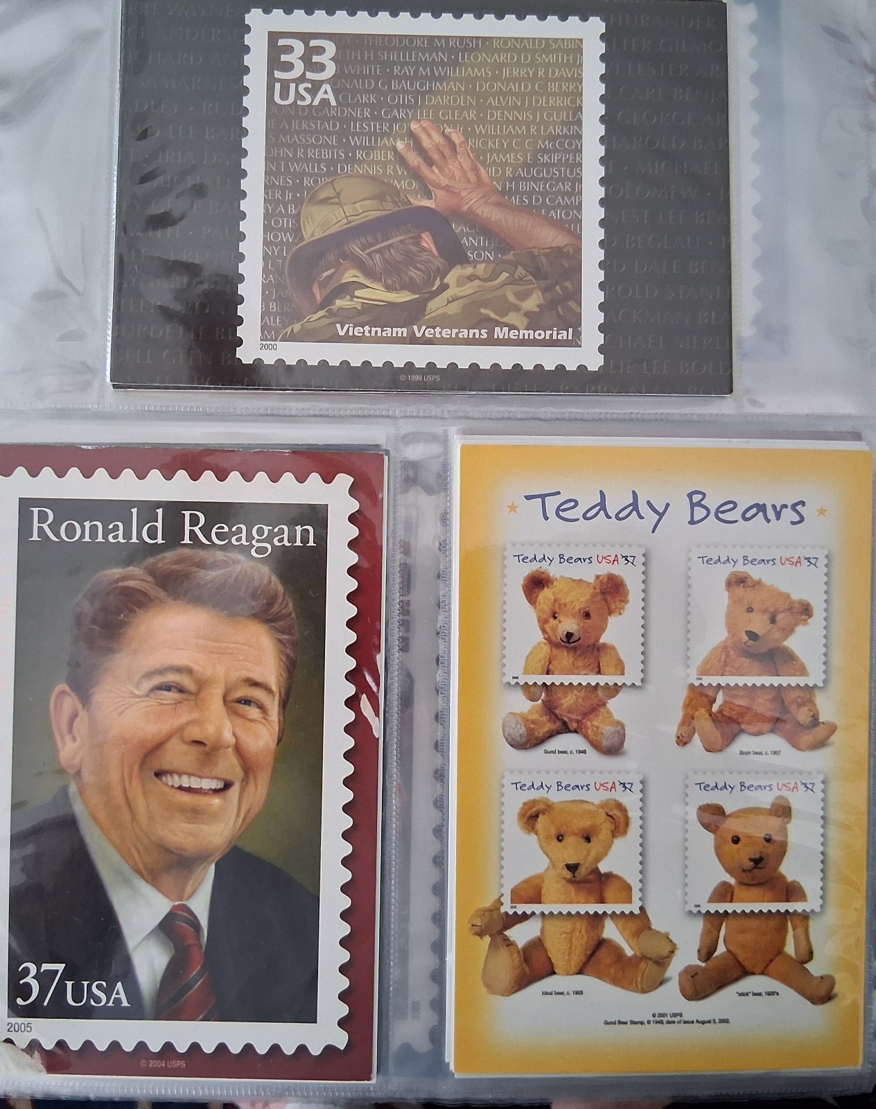130+/- Postcards USPS Stamps: Santas w/Postage, 50 States in Album, Sleeves