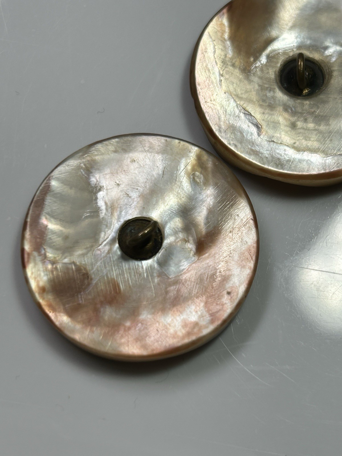 Button 8 Brown gray iridescent round 6-1 3/8 in 2-1 1/8 in VTG