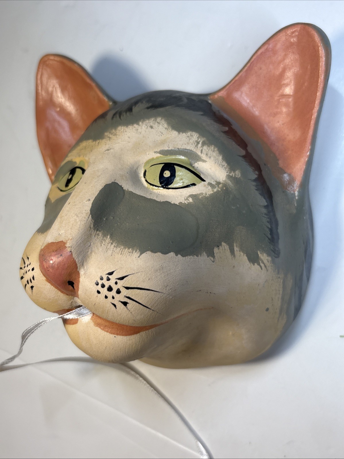Vintage Gray Cat Art Pottery Ceramic Kitten String Holder Wall Funky Folk Twine