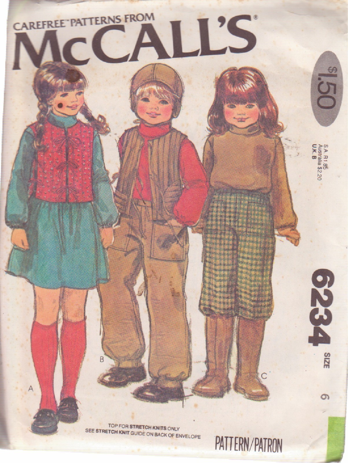 McCALL’S PTRN 6234 SZ 6 UNISEX CHILD’S VEST, TOP, PANTS, HAT, GIRLS’ SKIRT UNCUT