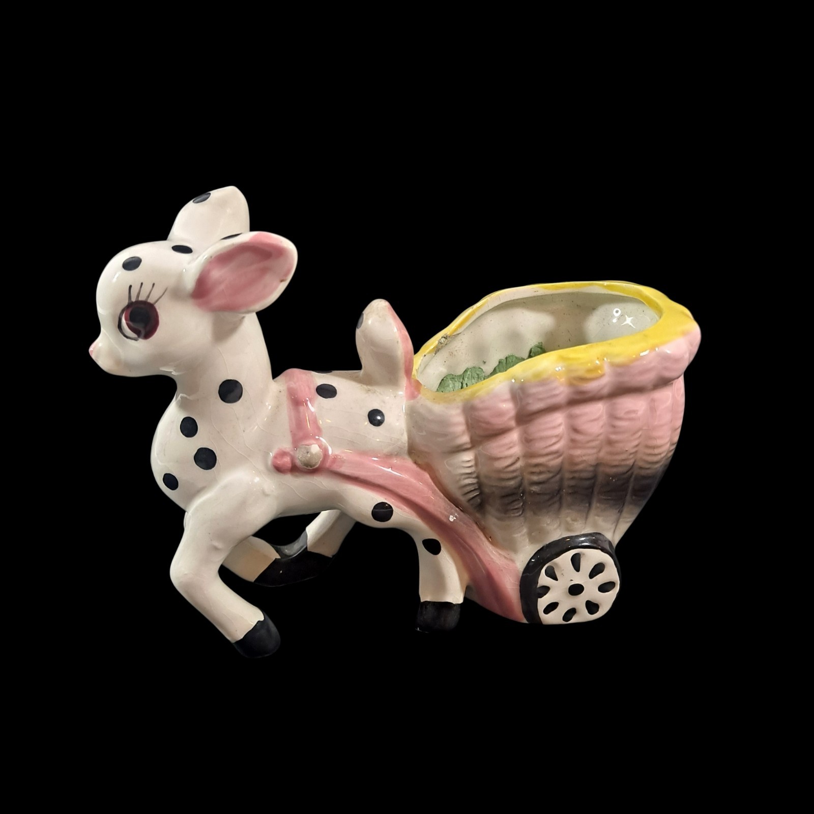 Vintage Deer Pulling Cart Planter Kitschy Black Polka Dots Mid Century Modern