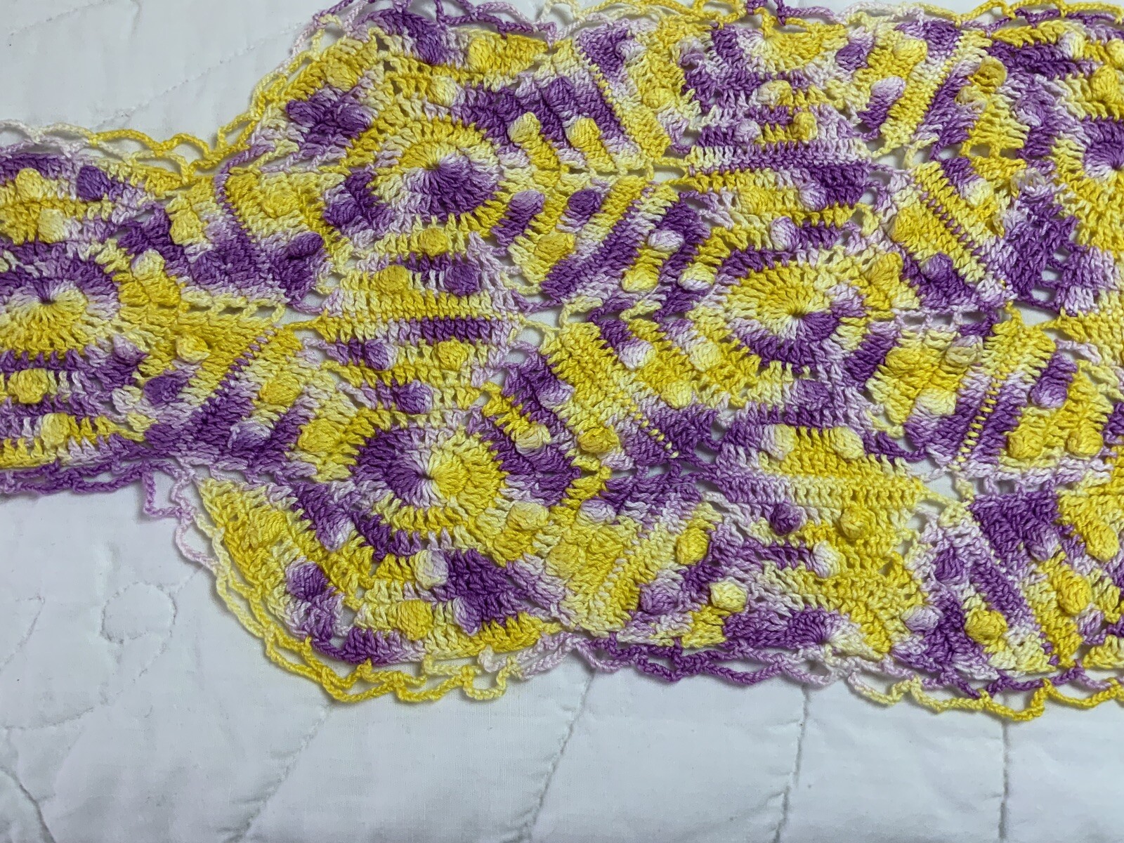 Vintage Rectangle Doily, Hand Crocheted, Pinwheel Design W/ Dots, Yellow, Purple