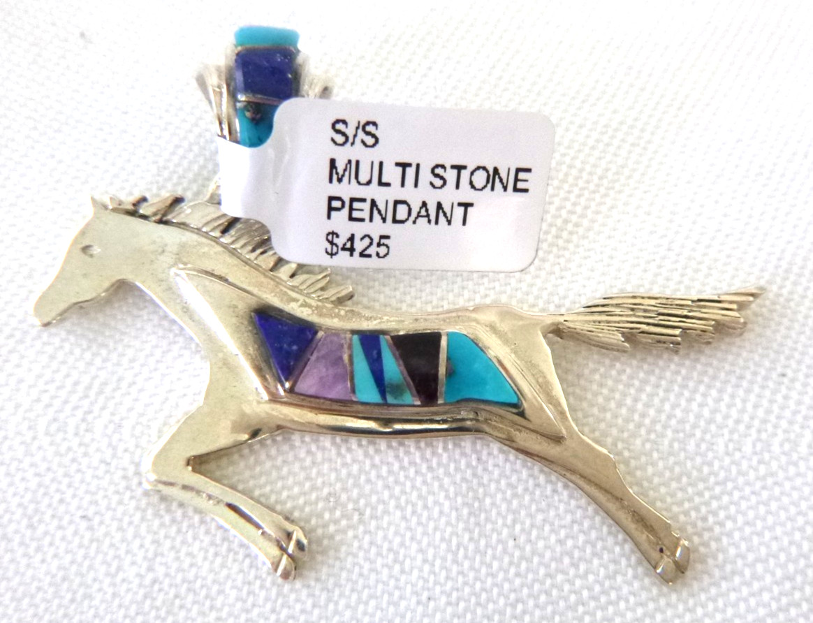 Navajo Evangeline David Muti-stone Running Horse Pendant 925 Sterling Silver 2″