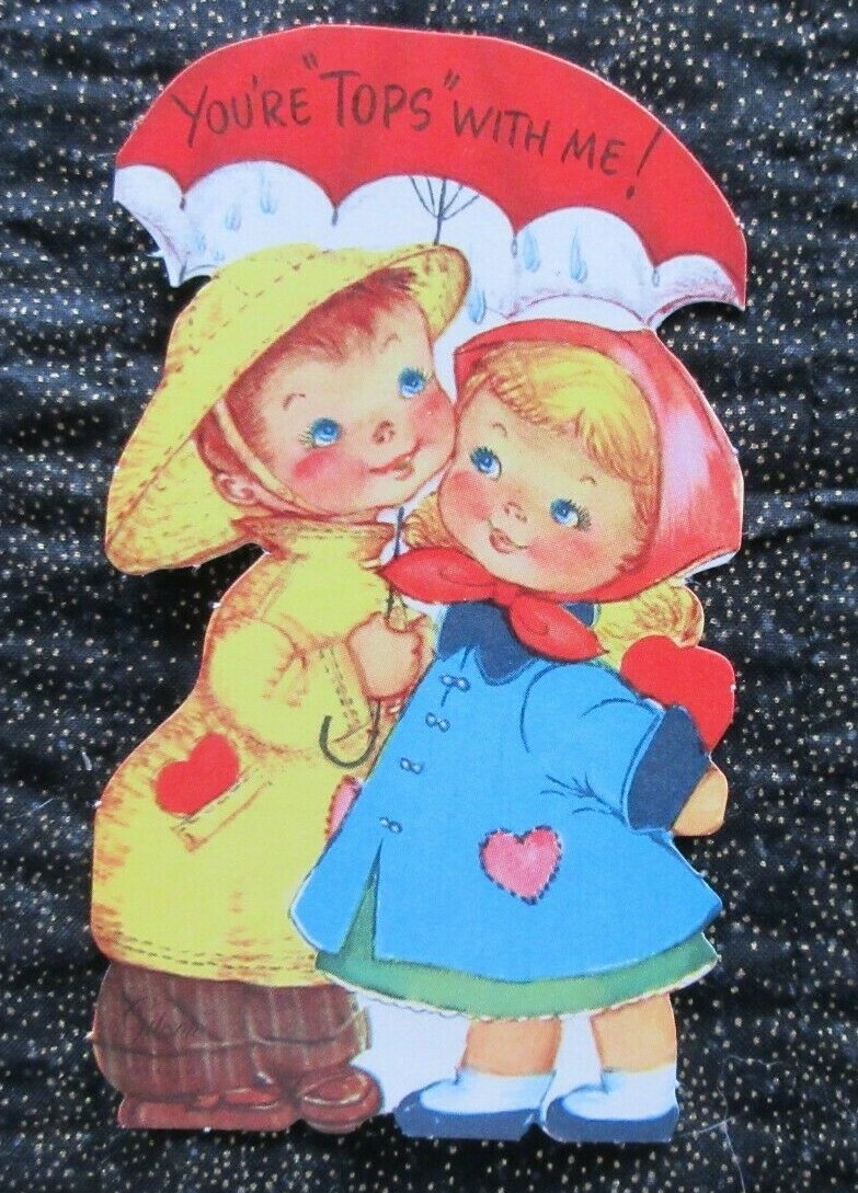 Vintage Unused GIBSON Valentine Card BOY & GIRL UNDER UMBRELLA – RAIN You’re TOP
