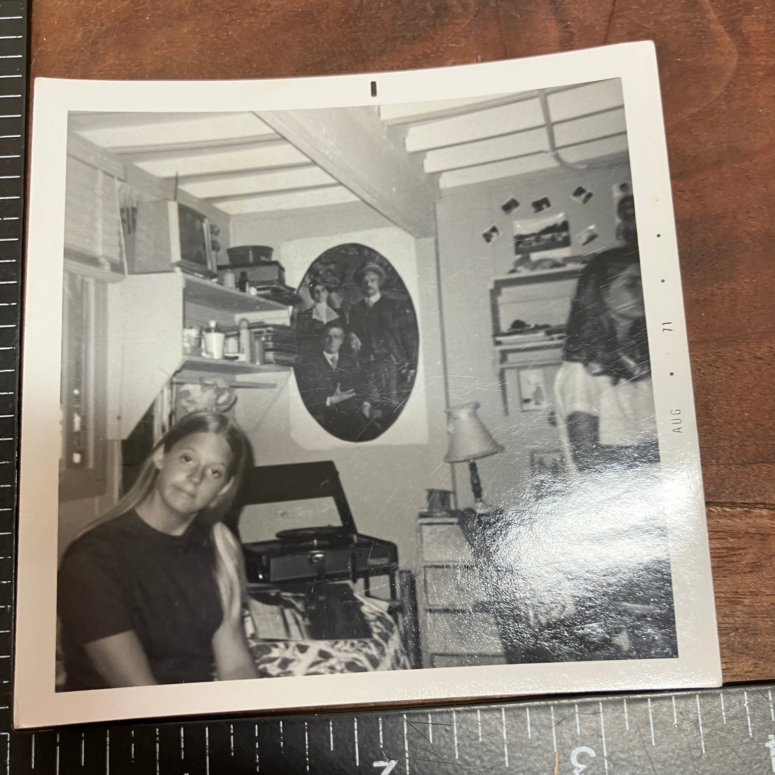 Vintage 1971 Snapshot Young Woman Indoors Record Player Room Decor Photo 70s