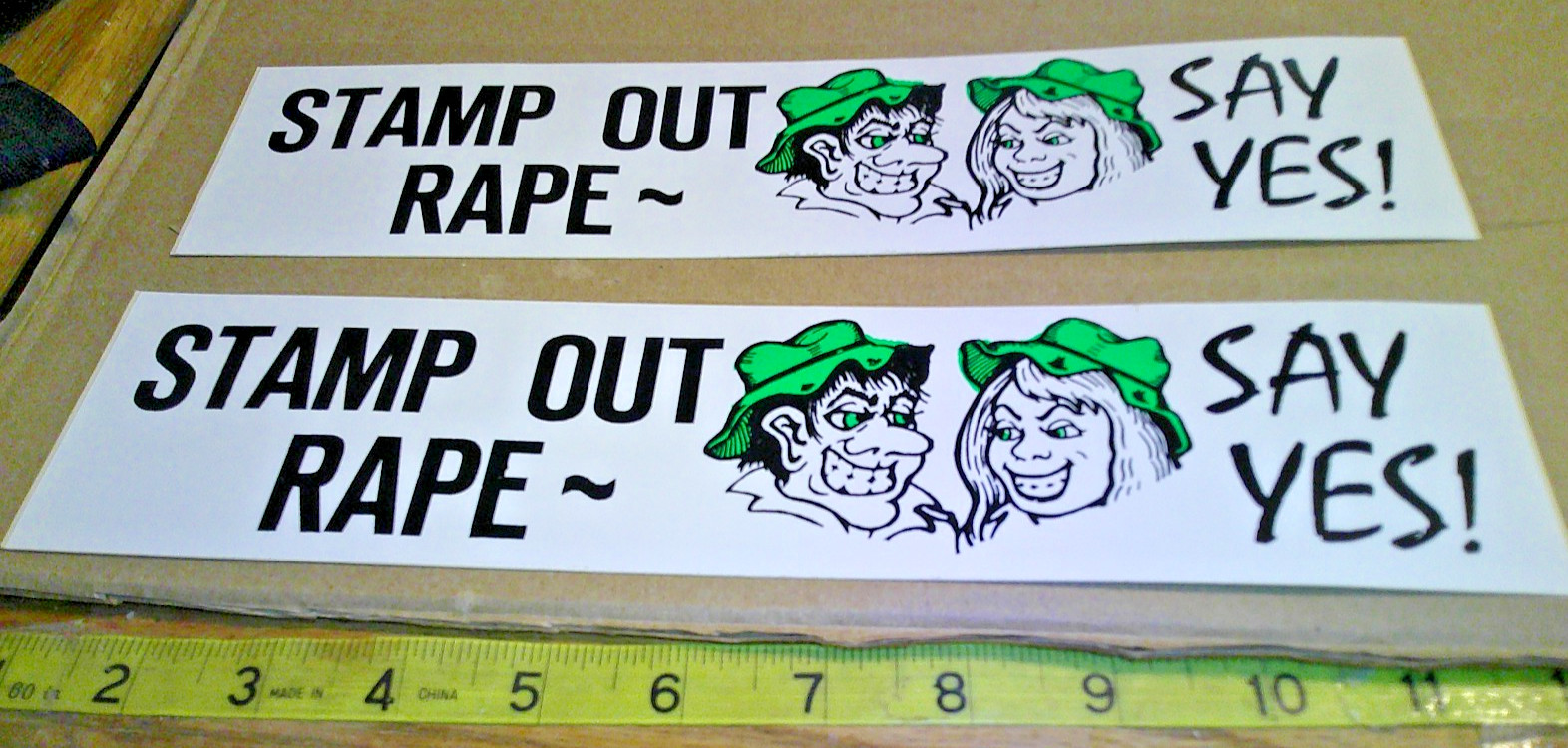 2 original VINTAGE 70’s BUMPER STICKERS humor stamp out rape ….say yes