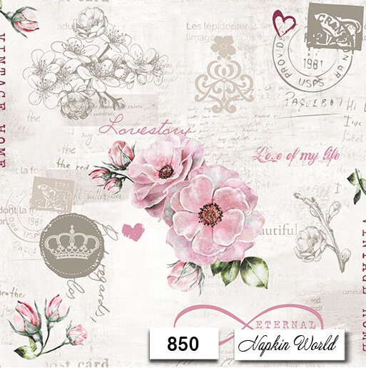 (850) TWO Individual Paper LUNCHEON Decoupage Napkins – LOVE FLOWERS SCRIPT