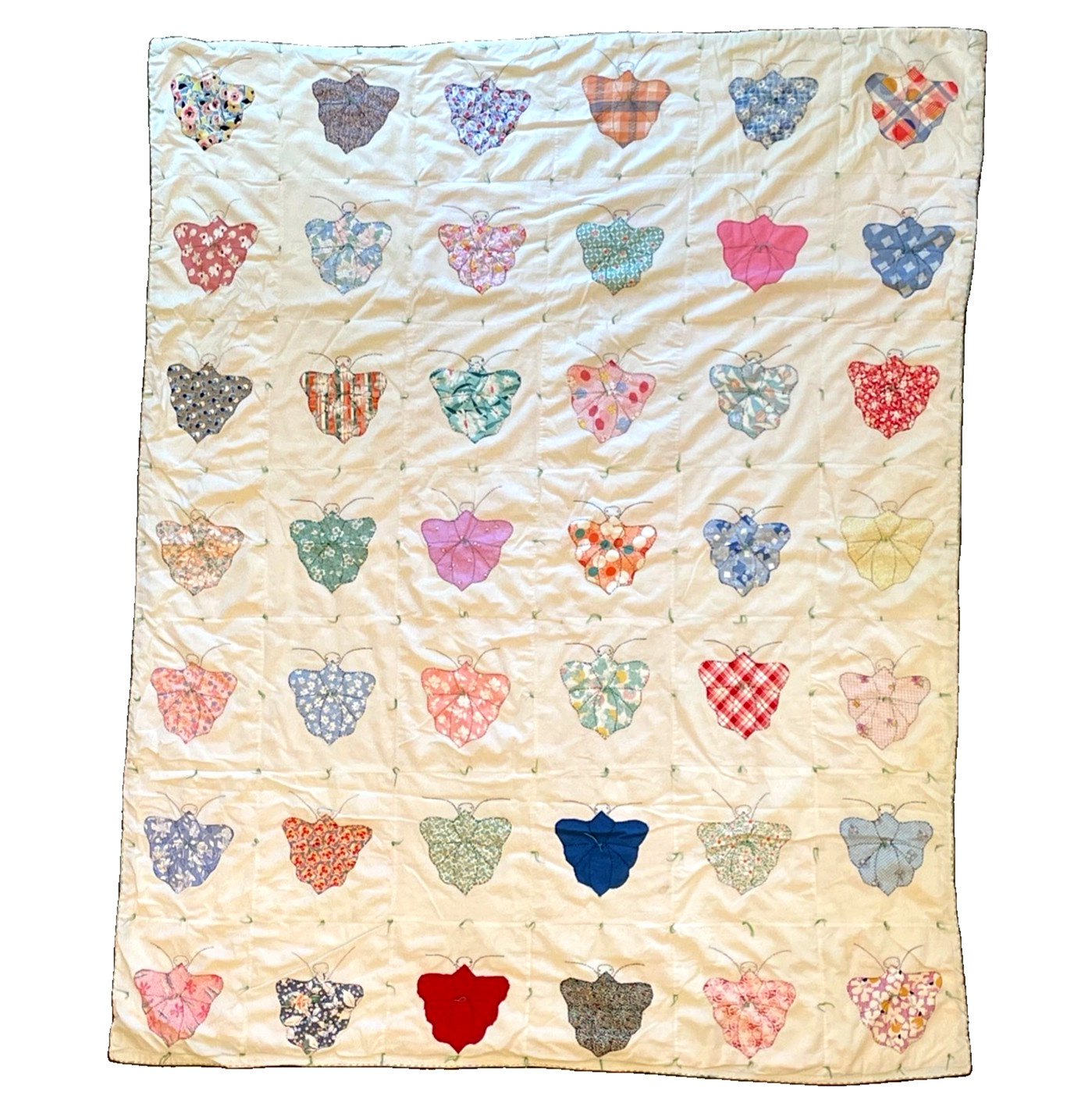 VTG 1930s Butterfly Applique Quilt Handmade Hand Stitched Cotton Feed Sack TWIN