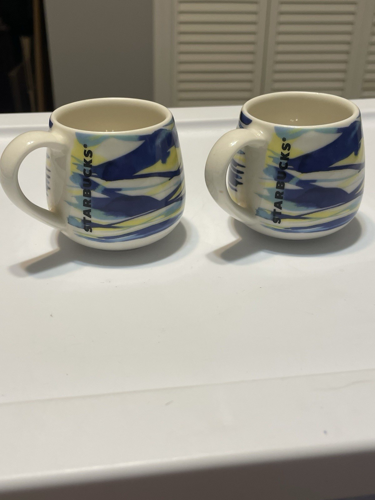 (2) Starbucks Water Color Blue Yellow 3oz Espresso Demitasse Mini Cup Mug 2016
