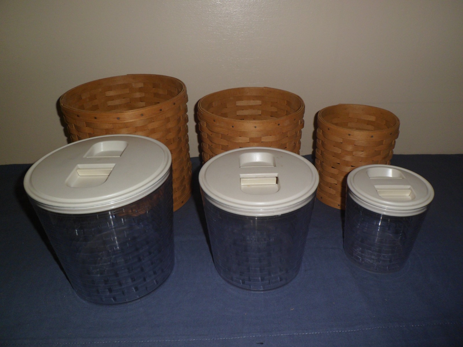 LONGABERGER BASKET CANNISTER SET, COMPLETE WITH HARD PLASTIC LINERS AND LIDS