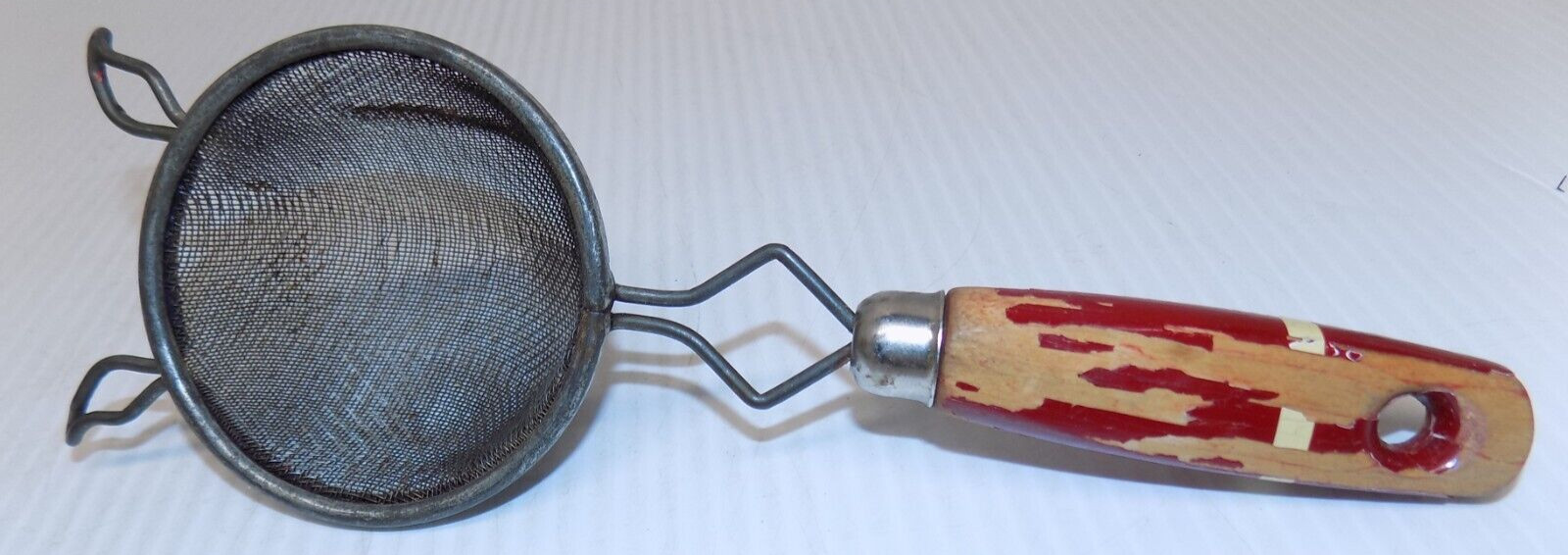 Vintage AJAX Original 3″ Diameter Small Kitchen Mesh Strainer Red Wooden Handle