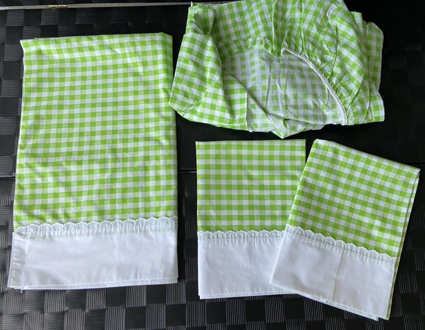 Vintage Stevens Utica Fine Arts Country Gingham~Green~4-Pc Full Sheet Set~MINT