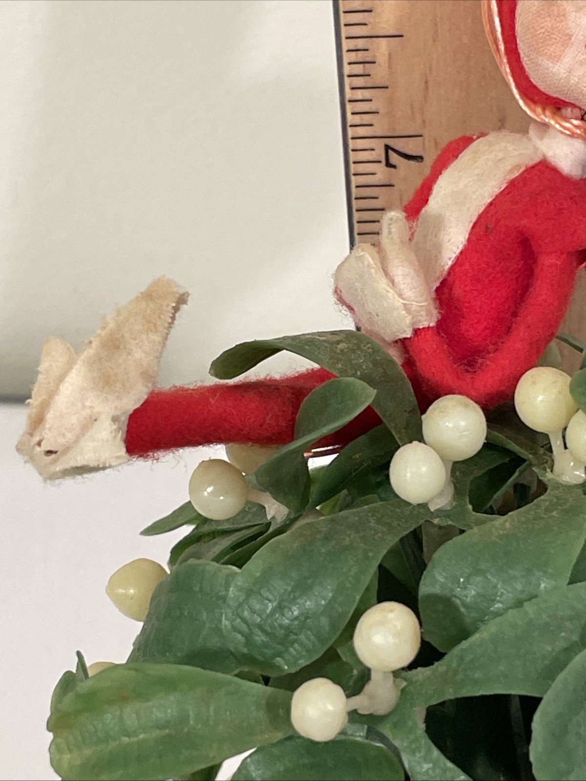 VINTAGE NAPCO HANGING PLASTIC MISTLETOE BALL with FELT PIXIE ELF ON TOP