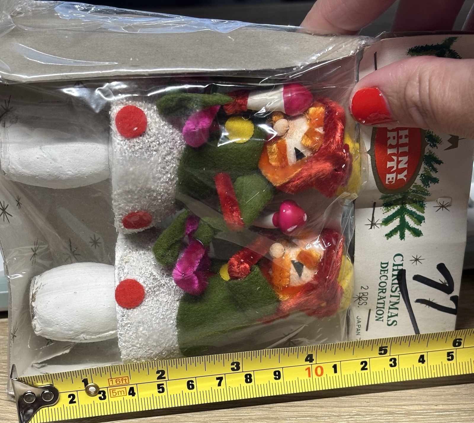 Vintage Shiny Brite Flocked Pixie Elf Mushroom Christmas Ornament NOS Green