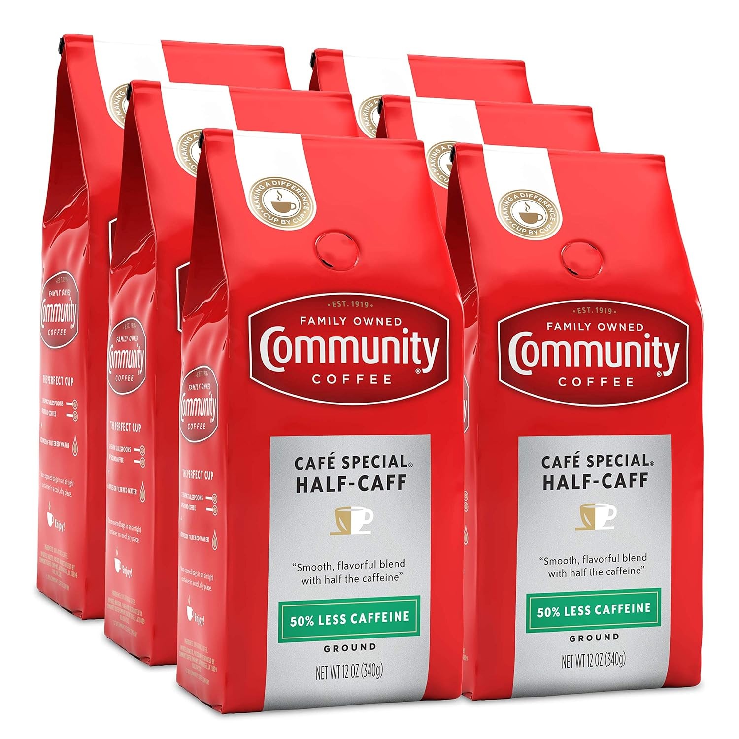 Community Coffee Half-Caff 72 Ounce, Ground Coffee, Medium Dark Roast, 12 Ounc