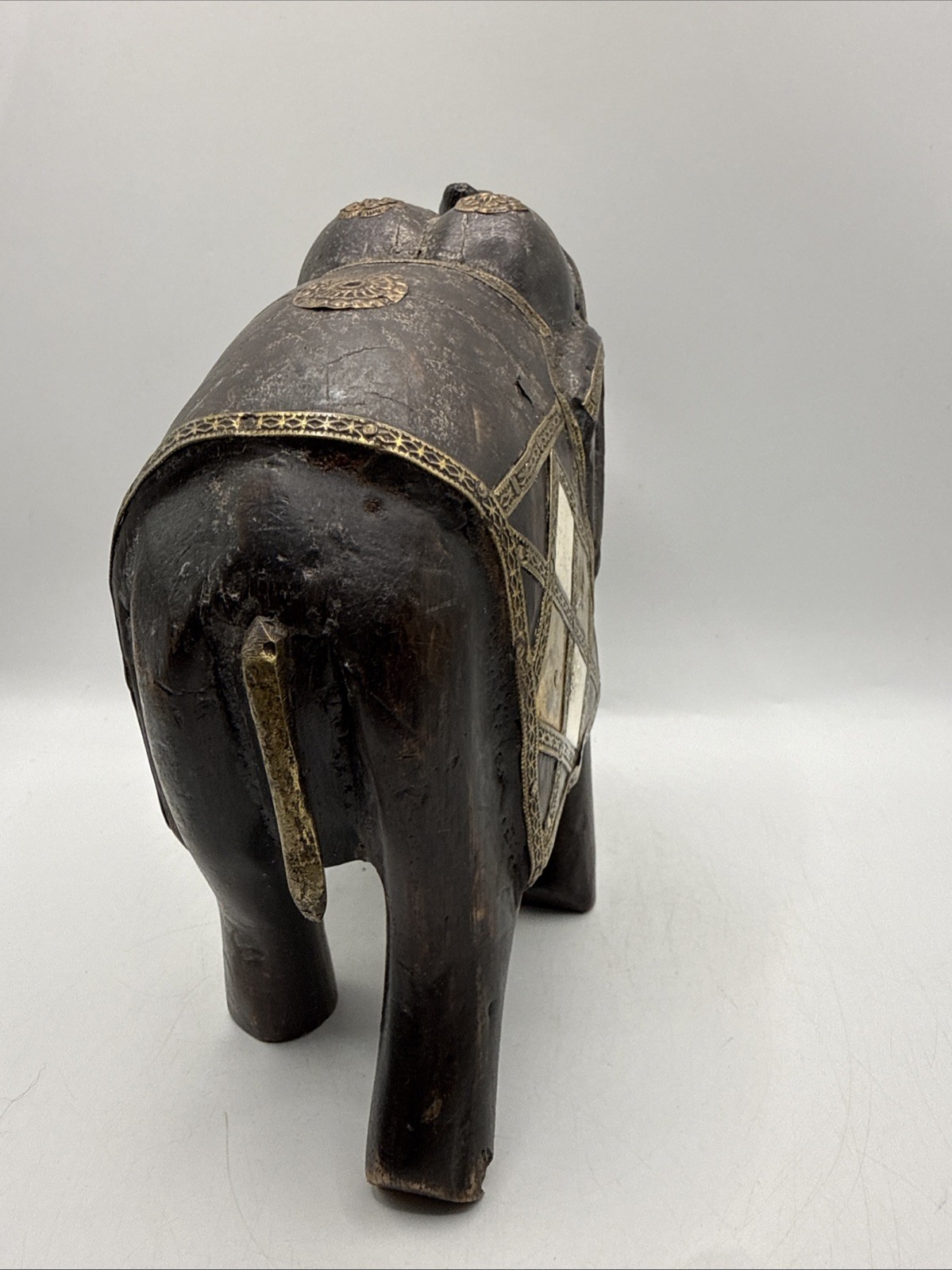 Vintage India Elephant Carved Wood with Stone Inlay and Brass Accents