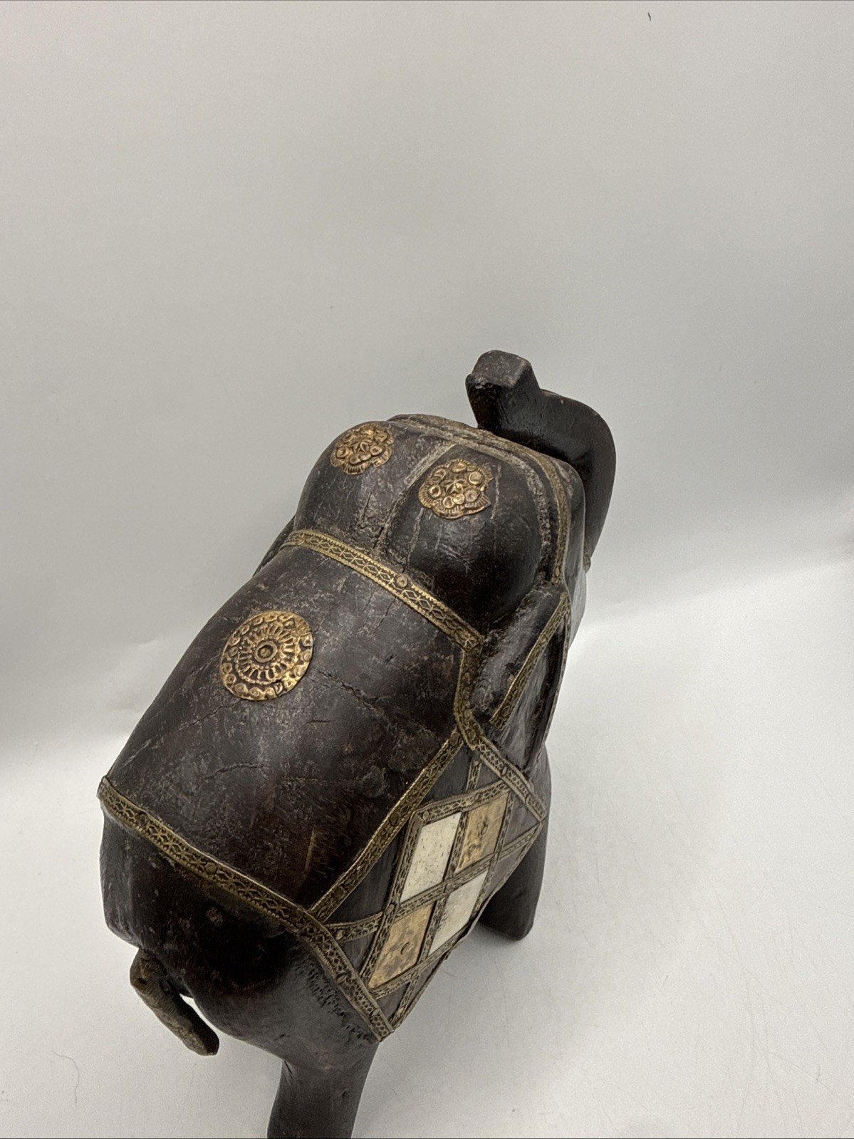 Vintage India Elephant Carved Wood with Stone Inlay and Brass Accents