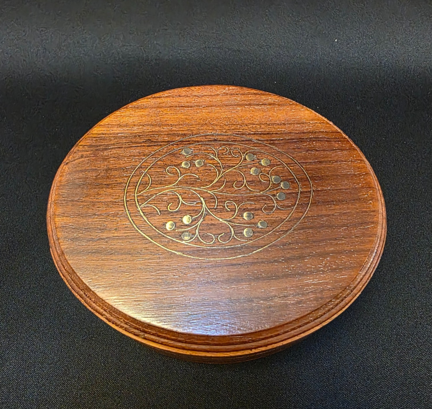 Handmade Stunning vintage Rose Wood Brass Inlay Jewelry Keepsake Box vtg